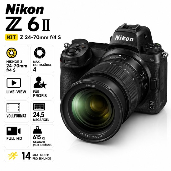 Nikon Z 6II Kit Z 24-70 mm f4.0 Vollformat 24,5 Megapixel Full HD Nikon Z 6II Kit Z 24-70 mm f4.0 Vollformat 24,5 Megapixel Full HD