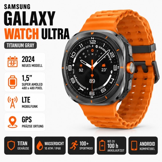 Samsung Galaxy Watch Ultra 47 mm Titangehäuse Titanium Gray am Marine Band orange Samsung Galaxy Watch Ultra 47 mm Titangehäuse Titanium Gray am Marine Band orange
