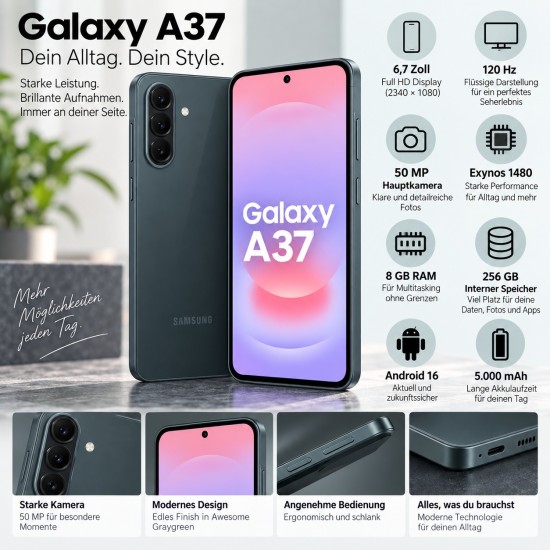 Samsung Galaxy A37 8GB 256GB Awesome Graygreen 6,7 Zoll Full HD 120 Hz 50 MP Samsung Galaxy A37 8GB 256GB Awesome Graygreen 6,7 Zoll Full HD 120 Hz 50 MP